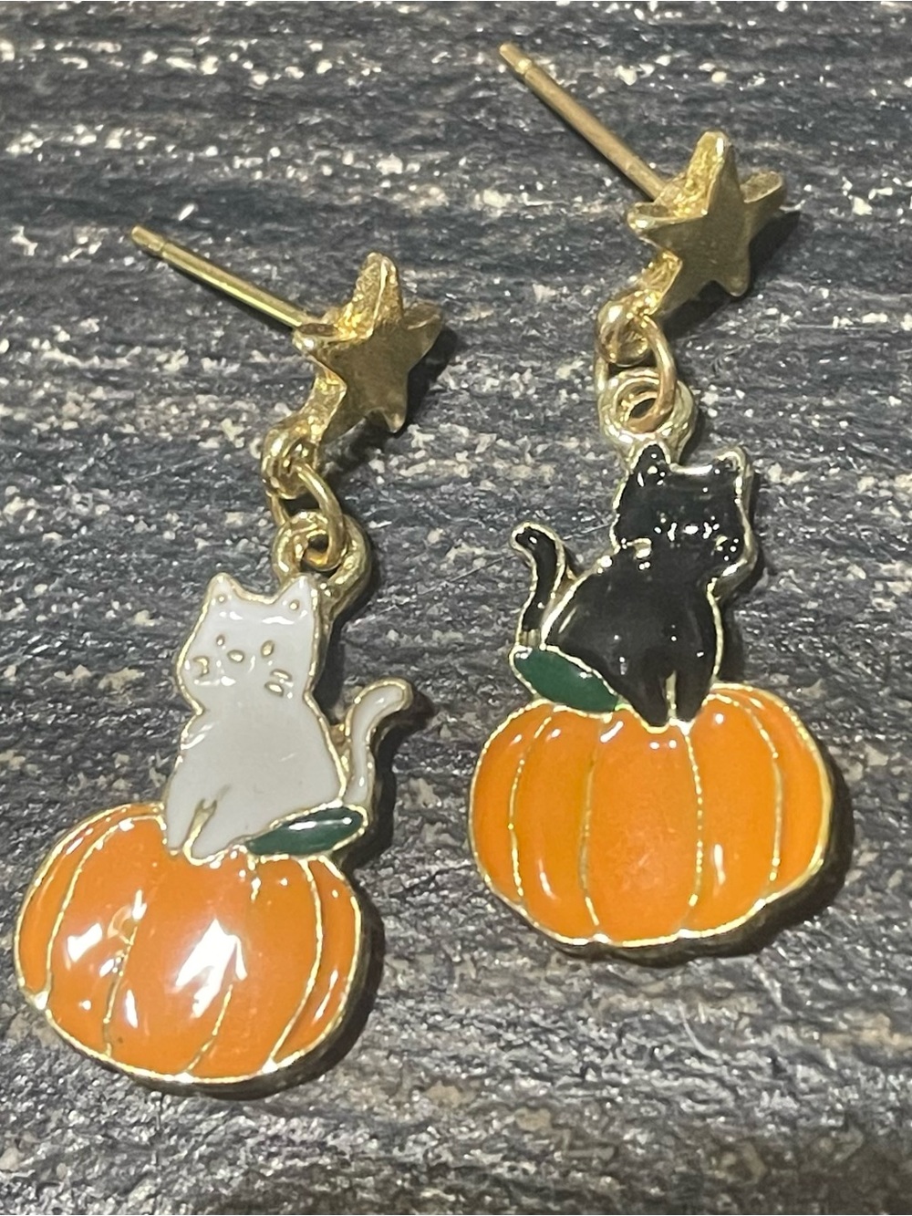 Source Unknown Gold Star Cat Pumpkin Drop Earrings - Orange, Black, White
